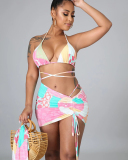 Women Strappy Beach Wear Fashion Printed Four Piece Swimsuit Bikinis Skirts Headscarf Pink Plain S-XL