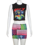 Factory Price Popular Keyboard Printing Summer Sleeveless Vest Skirts Two Piece Sets Black S-L