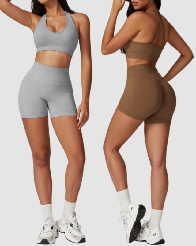 Women V Neck Bra Sports Yoga Two-piece Shorts Set S-XL