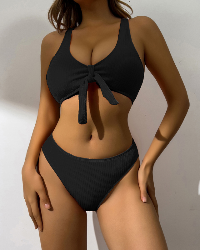 Solid Color High Waist Women Hollow Out Bikini Set S-XL