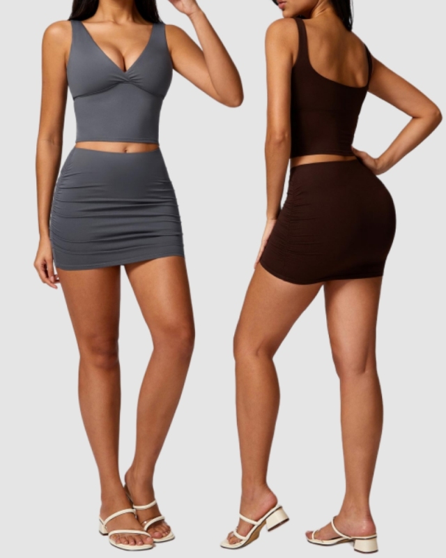 Women V Neck Sports Vest Slim Running Skirts Yoga Two-piece Set S-XL