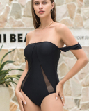Solid Color Splicing Transparent Mesh One-Piece Swimsui