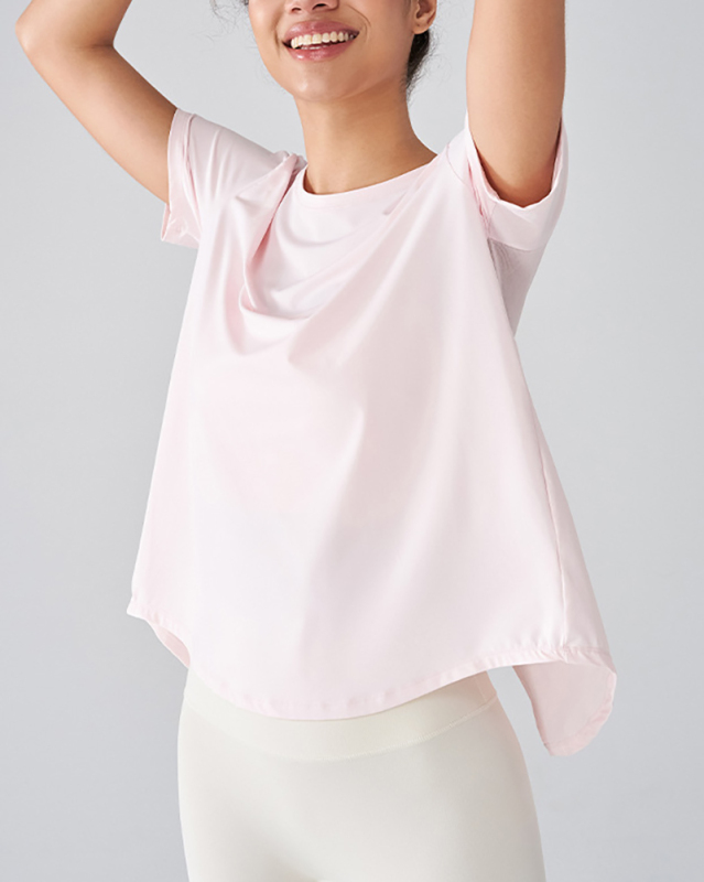 Women Short Sleeve O Neck Mesh Back Slit T-shirt S-XL