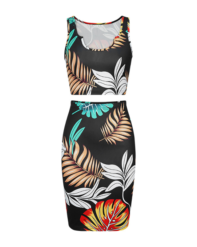 Black Printed Summer Two Piece Skirt Set S-XL