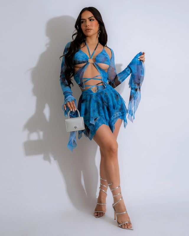 Women Long Sleeve Strappy Loose Fashion Printed Three Piece Sets Blue Purple S-2XL