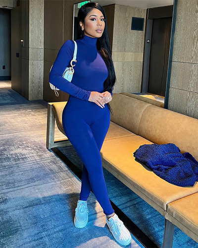 Lady Autumn Winter High Neck Long Sleeved Long Pants Street Casual Suit S-L
