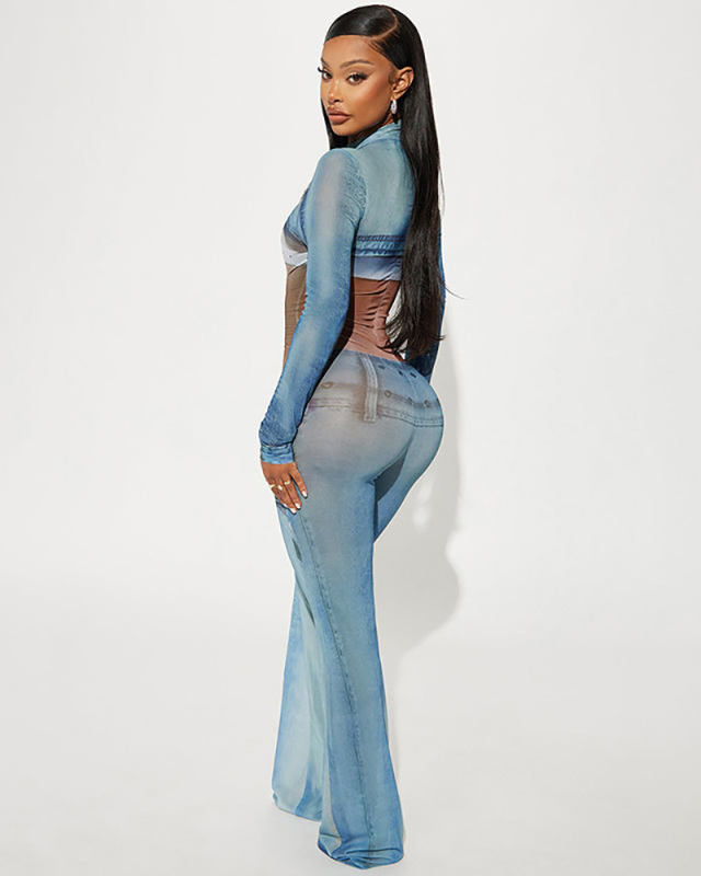 Women Autumn Winter Imitation Denim Human Body Print Long Sleeved High Necked Jumpsuit Blue S-L