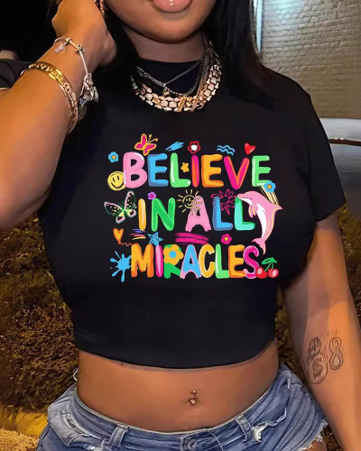 Black Women Printed Short T-Shirt Top XS-XL