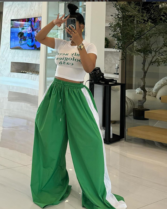 Fashionable Contrasting Color Floor Length Wide Leg Pants S-L
