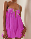 Women Pleated Camisole Women's Summer Short Semi Transparent Lace Up Diamond Studded Dress