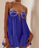 Women Pleated Camisole Women's Summer Short Semi Transparent Lace Up Diamond Studded Dress