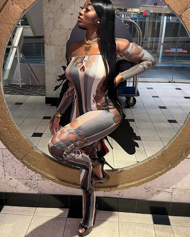 Women Off Shoulder Long Sleeve Hollow Out Fashion Printed Jumpsuit Black S-L