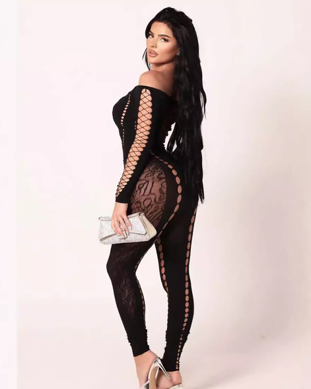 Fashion Hollow Out Lace See Through OFF Shoulder Jumpsuit Black One Size