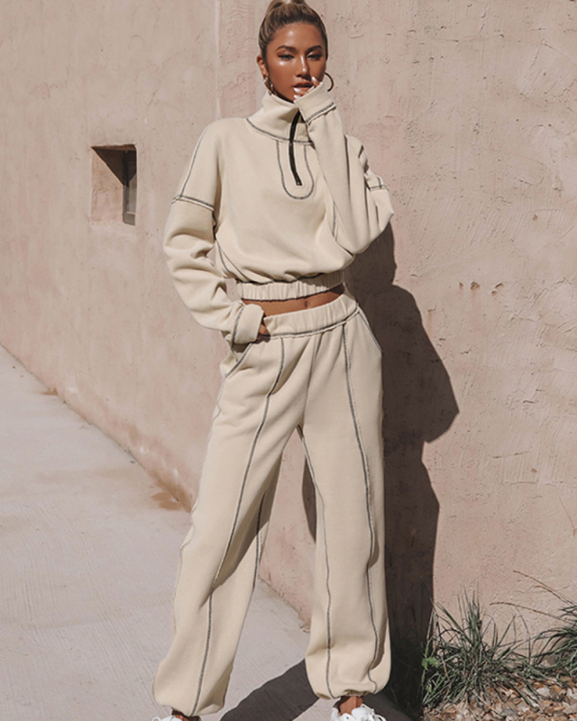 Street Style Fashion Long Sleeve Casual Pullover Wide Leg Pants Two Piece Sets Grey Apricot S-XL