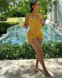 Women Sleeveless Hollow Out Sexy Knit Rompers Yellow Green Rosy Black S-2XL