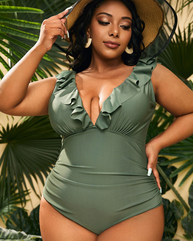 Deep V-neck Plus Size Ruffle Women High Waist Swimwear L-4XL