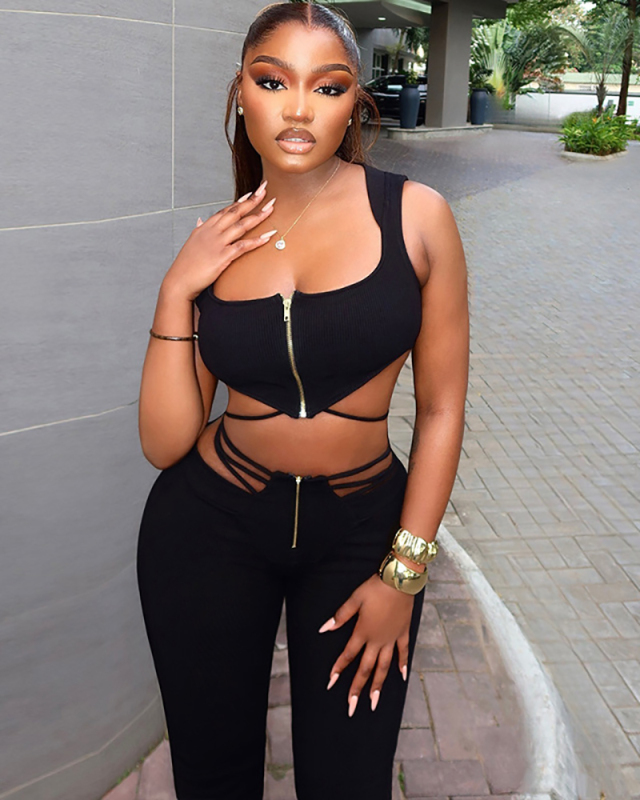 Unique Design Women Black Two Piece Pant Set S-L
