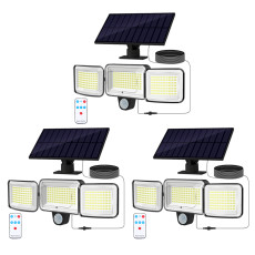 3-Pack Adiding Solar Outdoor Lights, 3500LM 6500K 224 LED Motion Sensor Lights, 3 Heads IP65 Waterproof Security Flood Lights, Separate Solar Panel 270° Wide Angle Remote Control 4 Modes Wall Lights