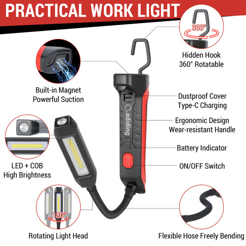 1pc Rechargeable LED Work Light with Magnetic Base and Hanging Hook - 7  Modes, Perfect for Job Site Lighting, Repairing, Working, Camping, and  Emerge