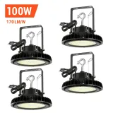 4-Pack Adiding LED High Bay Lights, 100 Watt, 100-277V, 17000LM, 5000K, Black, with 6.56' Power Cord - SHARK Series