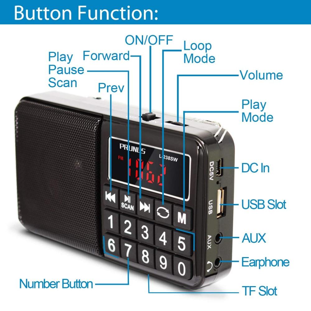 PRUNUS L-238 Portable Radio SW/FM/AM(MW)/MP3/USB/SD/TF Rechargeable with  Neodymium Speaker. Large Button and Large Display. Stores Stations  Automatically
