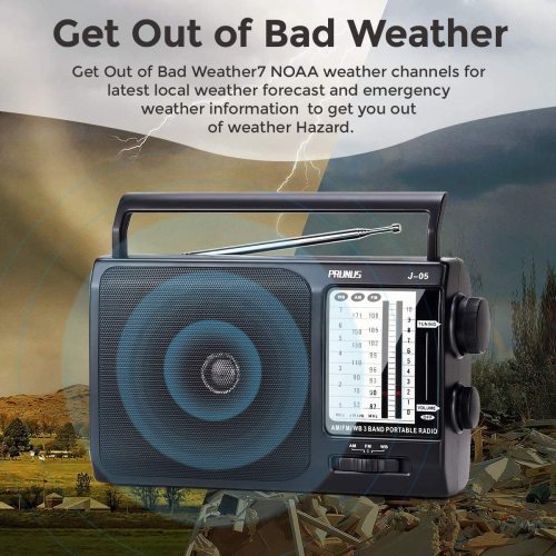 PRUNUS J-05 NOAA Weather AM FM Portable Radio with Best Reception, Transistor Radio, Battery Operated Radio by 3X D Cell Batteries or AC Power for Household & Outdoor, Plug in Wall