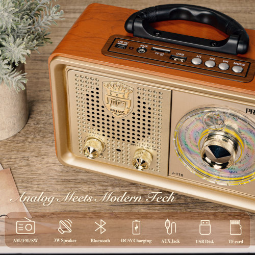 US-Retro Portable Radio PRUNUS J-110 AM FM SW Radio Transistor Battery Operated Vintage Radio with Bluetooth Speaker,3-Way Power Sources,Enhanced Bass,AUX TF Card USB Disk MP3 Player