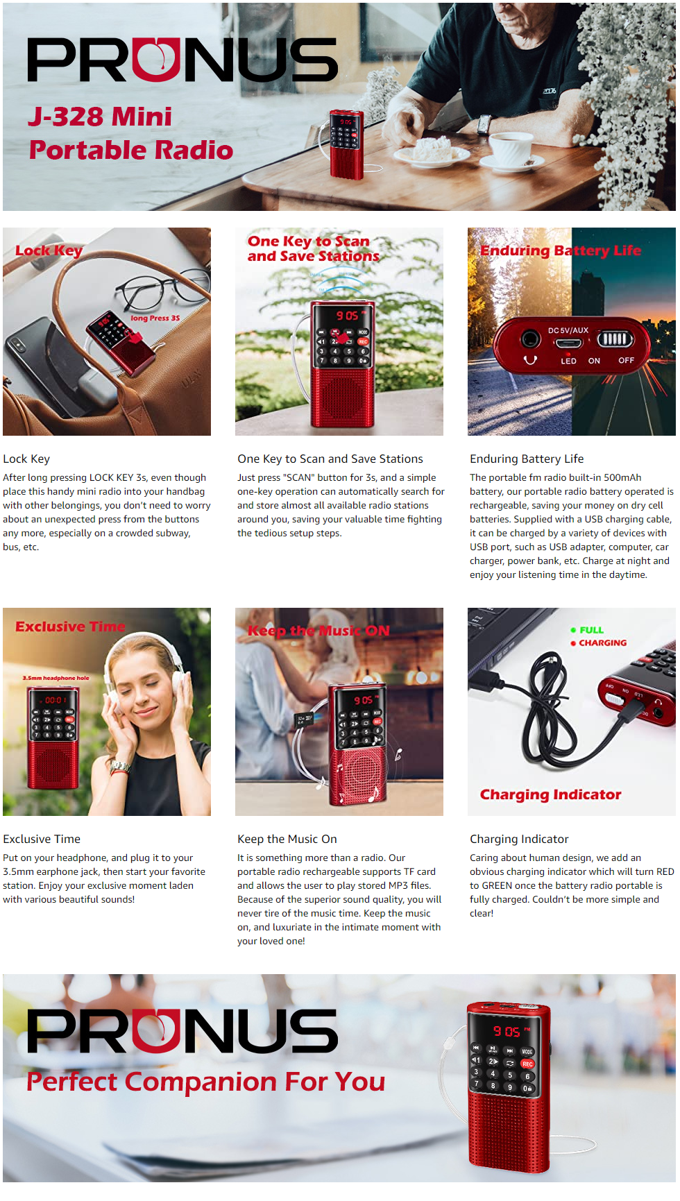 PRUNUS J-725 Radio Portable Rechargeable, Poste Radio FM Avec Batterie Rechargeable 3000mAh