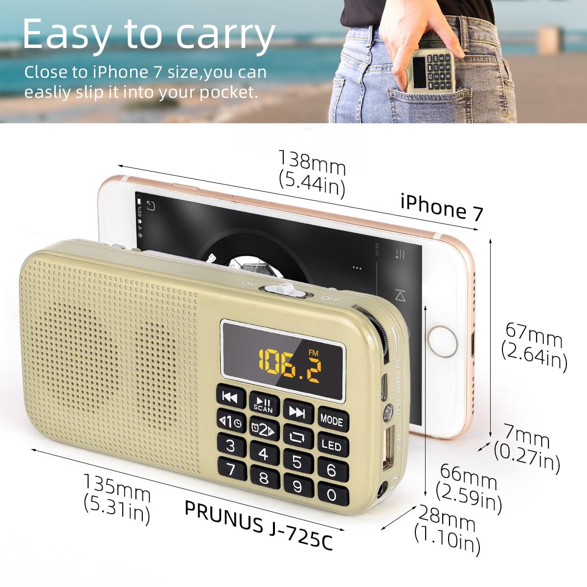 PRUNUS J-725 Rechargeable Radio Portable, FM SD USB MP3 Digital Radio ...