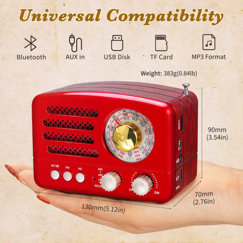 PRUNUS J-160 Retro Transistor Radio Battery Operated AM FM SW Radio, Small Rechargeable Portable Radio with 1800mAh Li-ion Battery, Support TF Card/Aux/USB MP3 Player