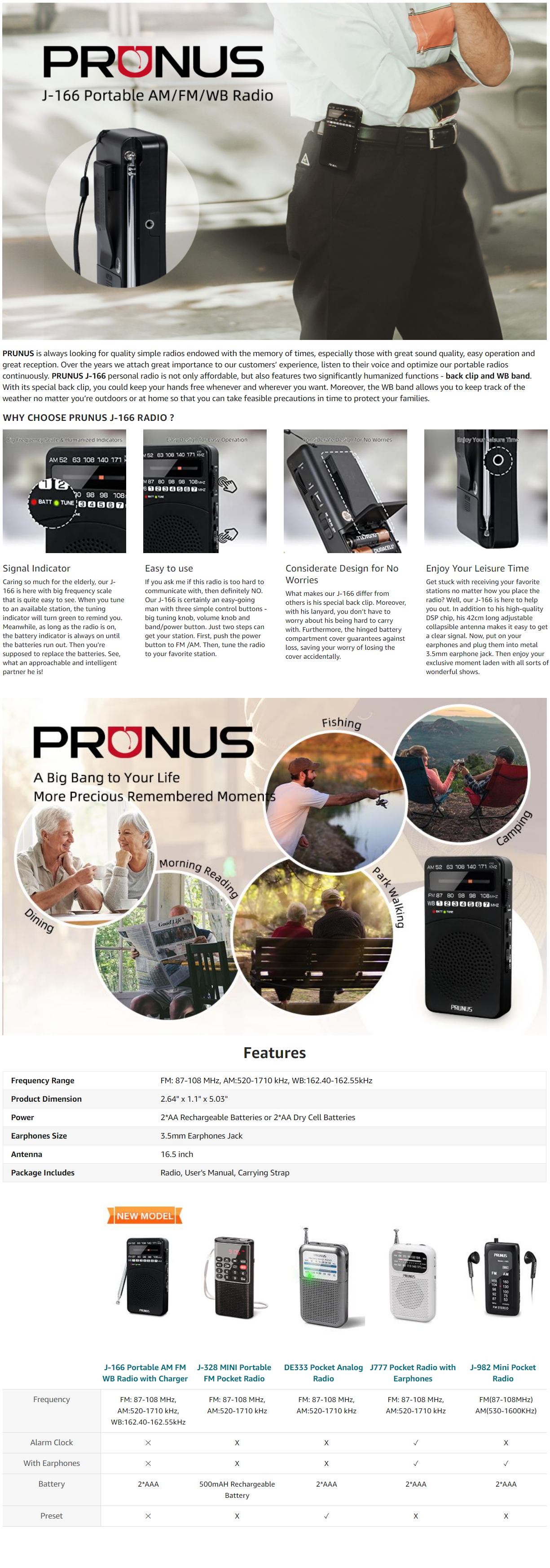 PRUNUS J-166 Pocket Portable Mini Radio FM/AM Digital Tuning Radio Receiver FM87-108MHz MP3 Music Player Radios For AA Batteries - View #11