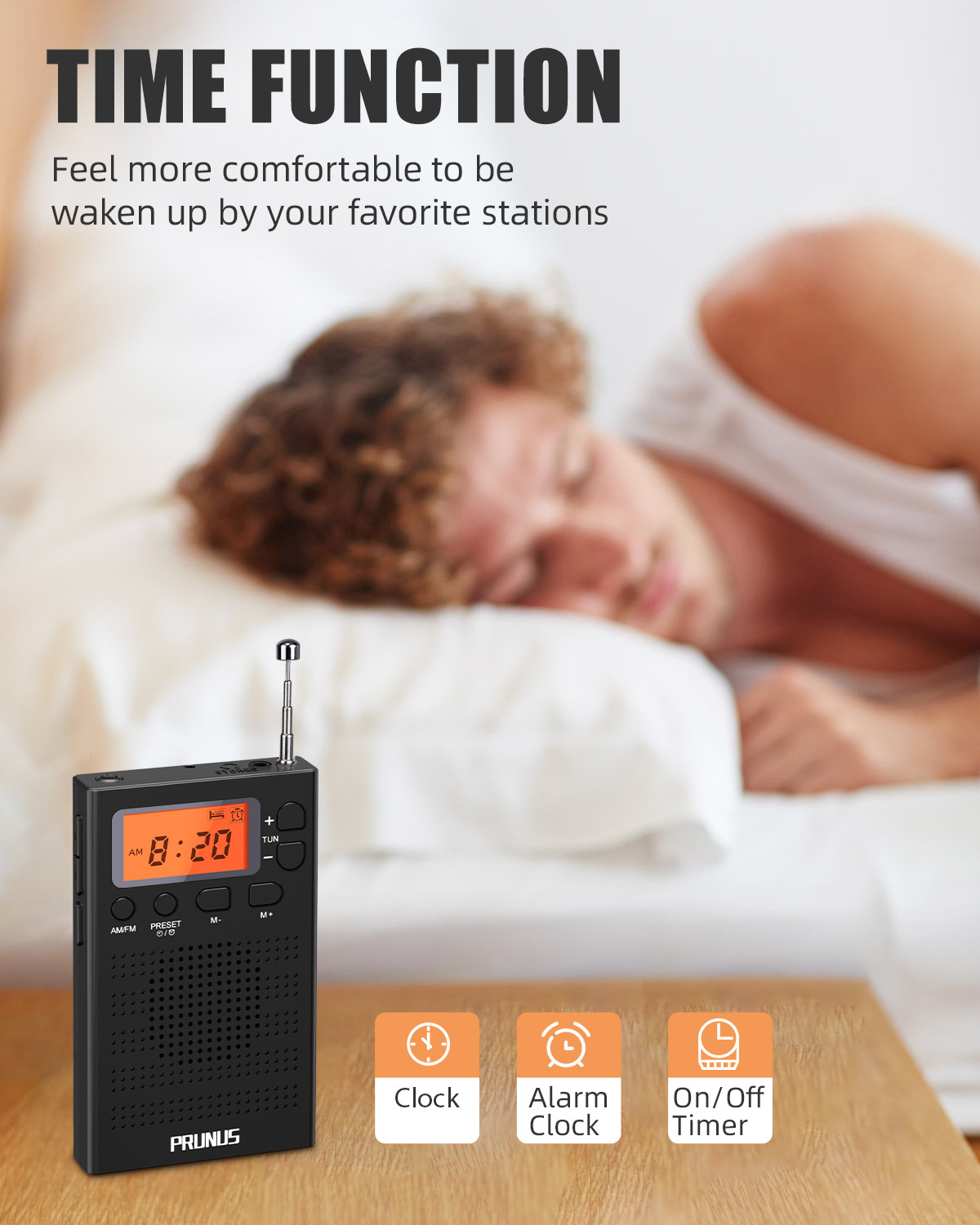 PRUNUS J125 Portable Radio Pocket AM FM Clock Radio with Earphones
