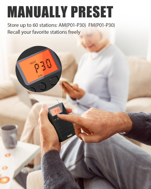 PRUNUS J125 Portable Radio Pocket AM FM Clock Radio with Earphones