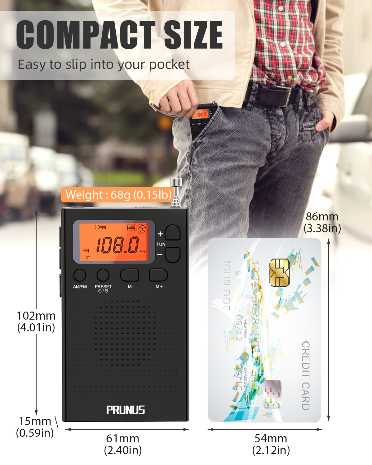 PRUNUS J125 Portable Radio Pocket AM FM Clock Radio with Earphones