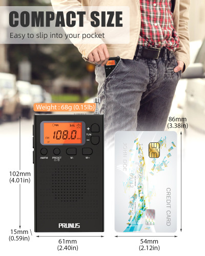 PRUNUS J-125 Portable Radio Pocket AM FM Clock Radio with Earphones,Battery Operated Walkman Radio with Preset, Timer,Lock Station for Jogging, Walking, Traveling