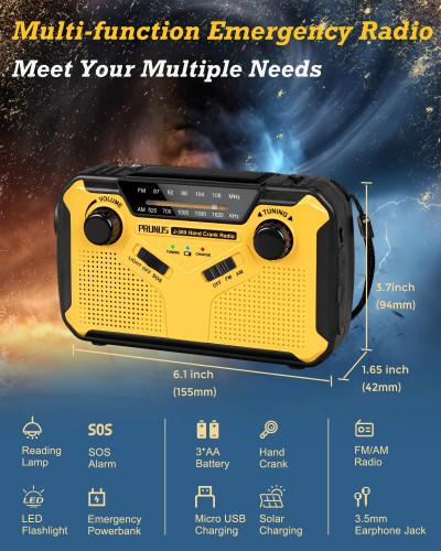 UK&EU  Wind Up Radios Portable, AM/FM Radio Solar, Battery Radio Hand Crank with 2500mAh Power Bank, Dynamo Radio with Torch, Reading Lamp and SOS Alarm for Camping, Hiking and Emergencies by PRUNUS J-369 {Ships to the UK and Europe only}