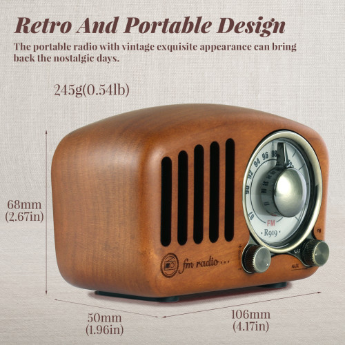 PRUNUS J-919 Retro-Classic Wood Format FM SD MP3 Bluetooth Transistor Radio, with Speaker, AUX function, 270o Circular Tuner and tune indicator.