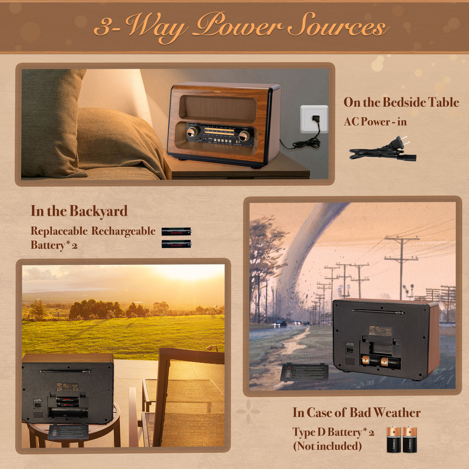 PRUNUS J-199 Retro Radio - Bluetooth Radio Mit 3-Wege-Stromversorgung