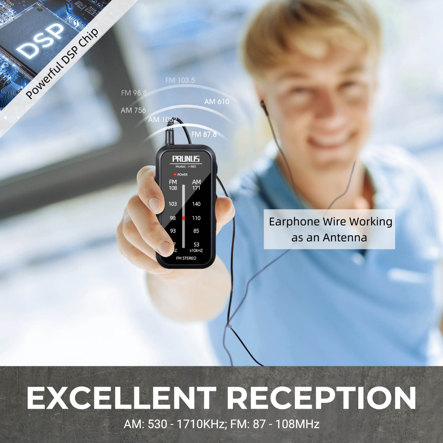 PRUNUS J985 Pocket Radio Portable, AM FM Small Radio with Headphones