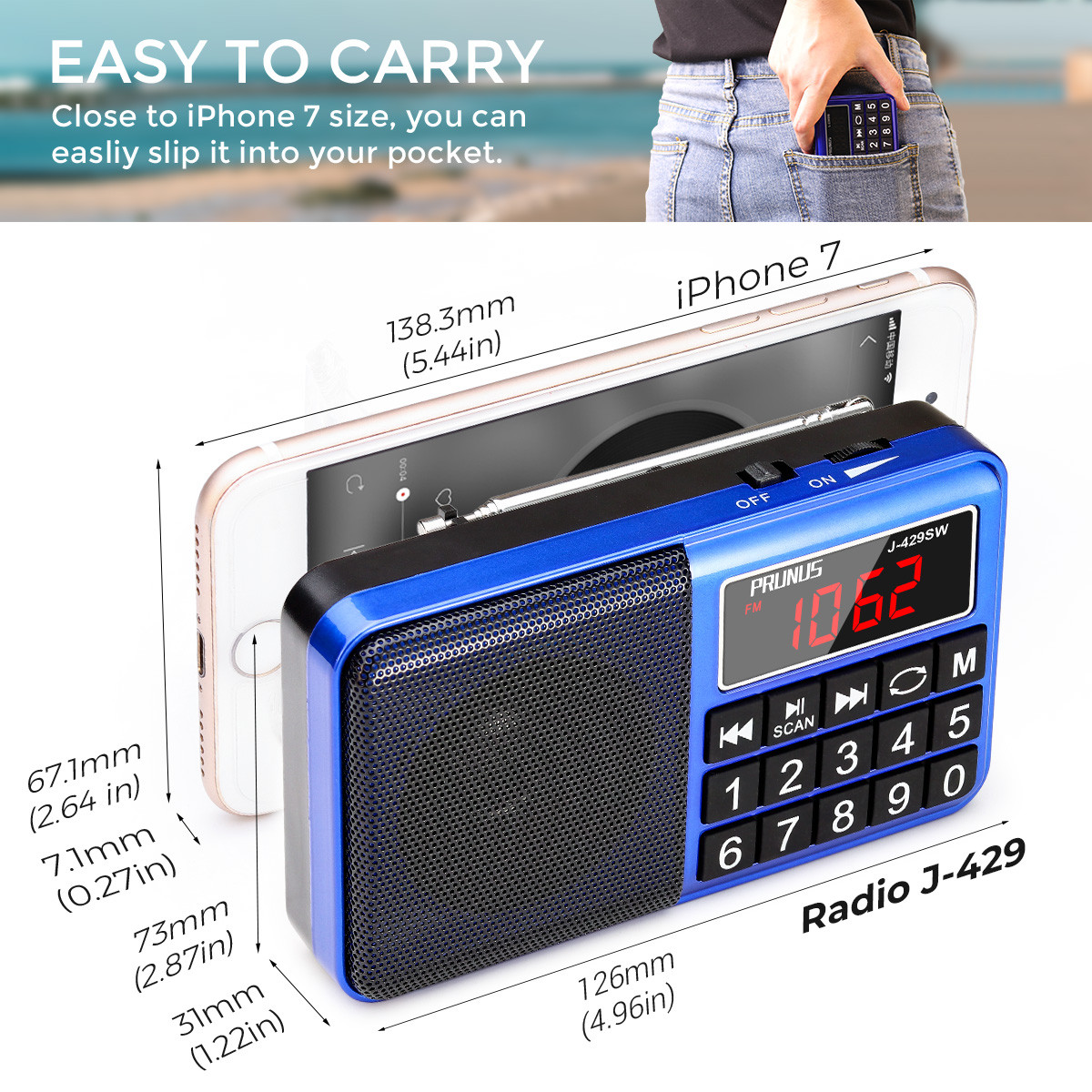 PRUNUS J429SW Portable Radios Small AM/FM/SW, Rechargeable Radio with