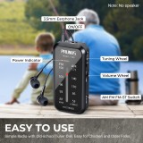PRUNUS J-985 Pocket Radio Portable, AM FM Small Radio with Headphones and Back Clip, Mini Radios Transistor Supports FM Stereo, AAA Battery Operated Radio for Walking, Running, Fishing