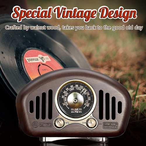 PRUNUS R-909 Vintage Radio Retro Bluetooth Speaker,Walnut Wooden AM FM Radio with Best Reception,Old Fashioned Style,Bluetooth 5.1, 3600mAh Battery,16W Dual Speaker,TF Card,AUX in for Music Lover,Gift,Home