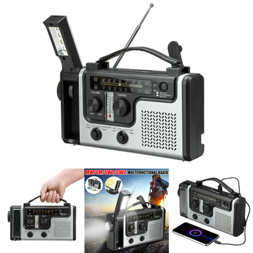 PRUNUS J-414 Portable Multifunctional Radio Hand Crank Solar Crank Dynamo Powered AM/FM/SW1 Weather Radio with Flashlight LED Reading Light
