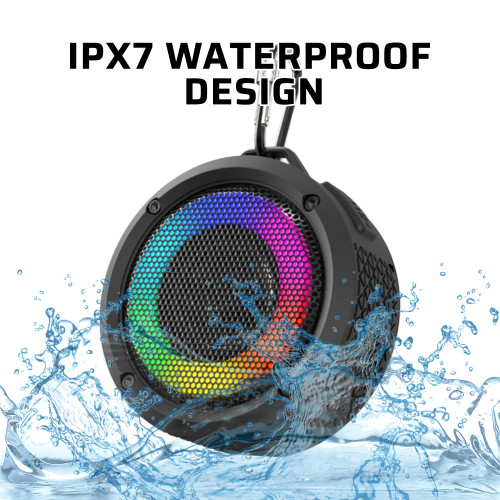 PRUNUS B-200 IPX7 Waterproof Bluetooth Speaker 5W Bass 3 Lighting Modes Portable Speaker with Carabiner for Outdoor, Beach, Bike, Pool, Camping