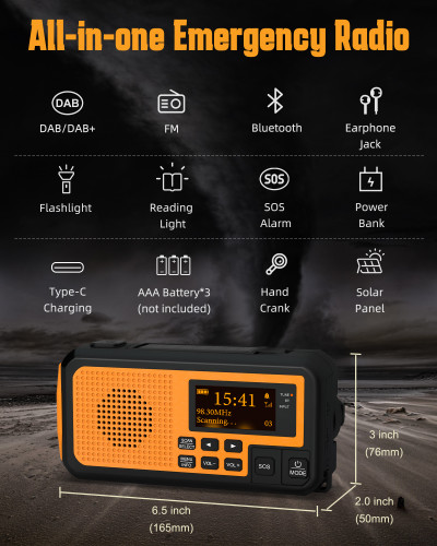 PRUNUS J-367 Portable Radio DAB/DAB+/FM, Digital Radio Alarm Clock with 5000mAh Battery, Wind Up Radio Bluetooth with Flashlight/Reading Light/SOS Alarm for Outdoor, Blackout and Emergency