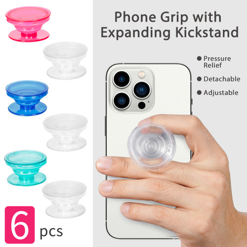 6 Pieces, 3 Transparent, 1 Pink, 1 Green, 1 Blue, Phone Grip with Expanding Kickstand 360°Rotation Cellphone Stand For iPhone Samsung Huawei