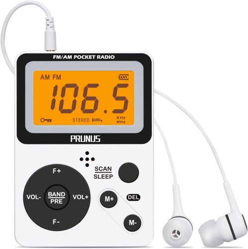 PRUNUS Pocket AM FM Radio Portable with Stereo Earphone, Battery Operated Radio by 2 AAA, Manual Preset, Large Screen, Lock Key for Walk, Sleep Timer, Mini Radio,Digital Radio J-159 (No Speaker)