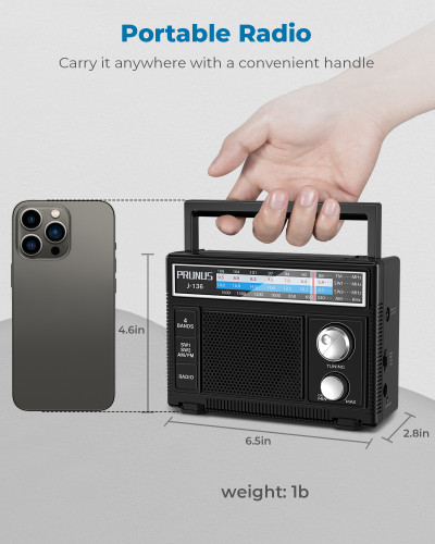 PRUNUS J-136 Portable Radio AM FM, Transistor Radio Battery Operated and Plug in Wall,Loud Speaker Support AUX in and Micphone in, Small Radios Portable AM FM