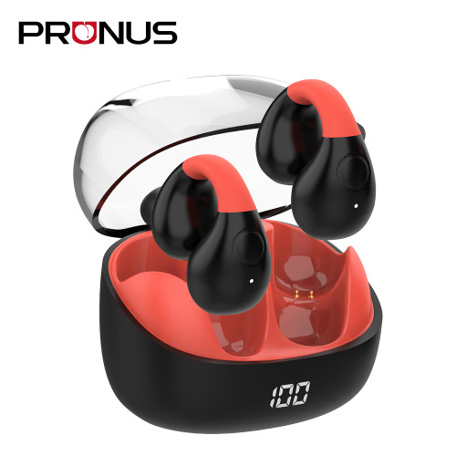 PRUNUS R02 Open Ear Clip Headphones Stereo HD Audio 5.2 Bluetooth Earbuds with Built-in Microphone USB-Recharging LED Battery Level Display for Running Cycling Workout