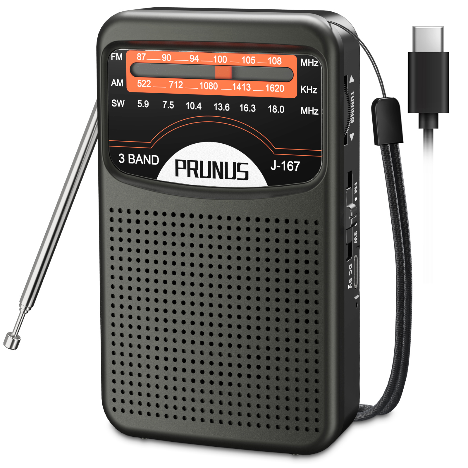 PRUNUS Portable Radio AM FM with Rechargeable Battery, Earphone